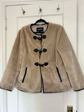 Beige Faux Fur Teddy Toggle Jacket with Black Faux Leather Trim